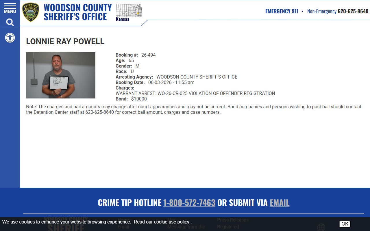 Woodson Detention Center inmate profile with mugshot, booking number, charges, and bond